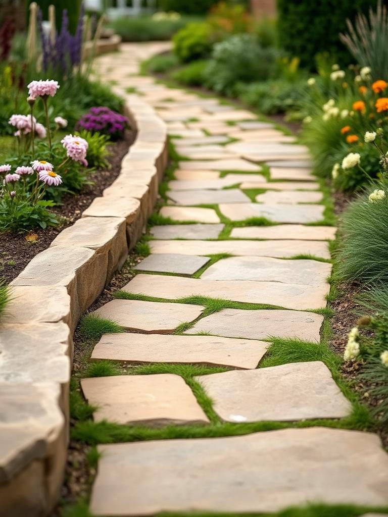 Stone garden path through planted borders