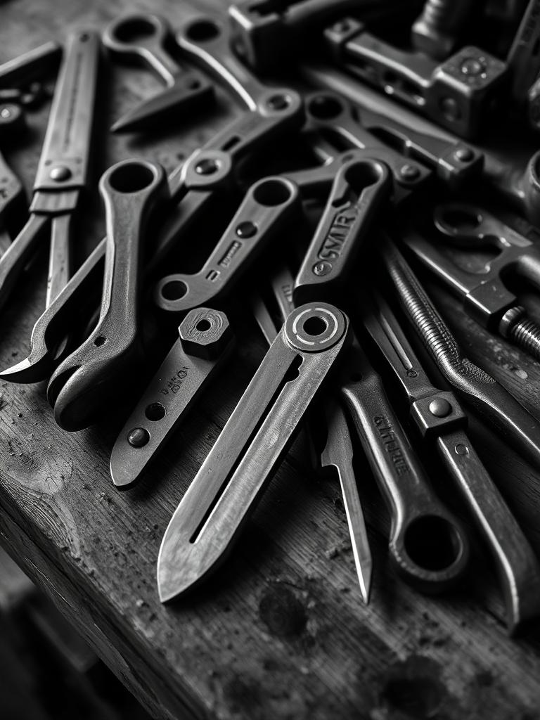 Hand tools arranged on a workbench